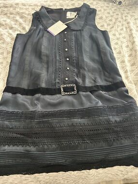 Anna Sui Black Pintuck dress  with Lace Pom Trim